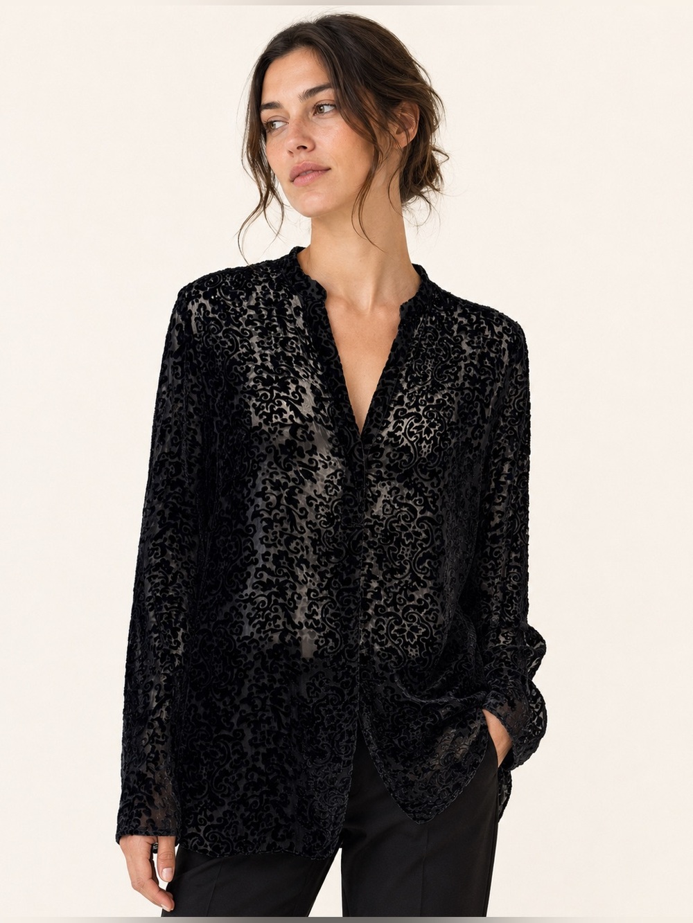 Alice Olivia Burnout Velvet Blouse Black Silk Lined Large